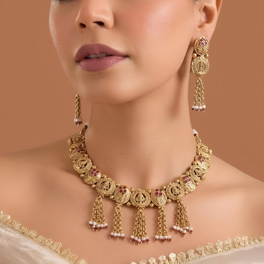 Traditional Indian temple jewellery necklace set with matching earrings.