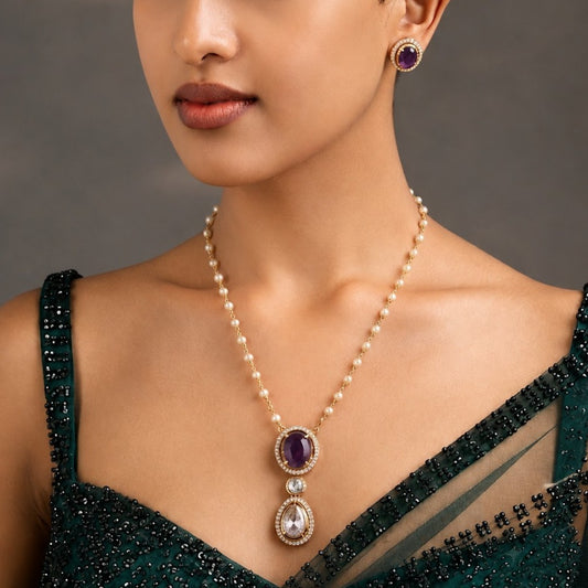 Elegant Amethyst & Crystal Drop Pendant Necklace with Matching Stud Earrings