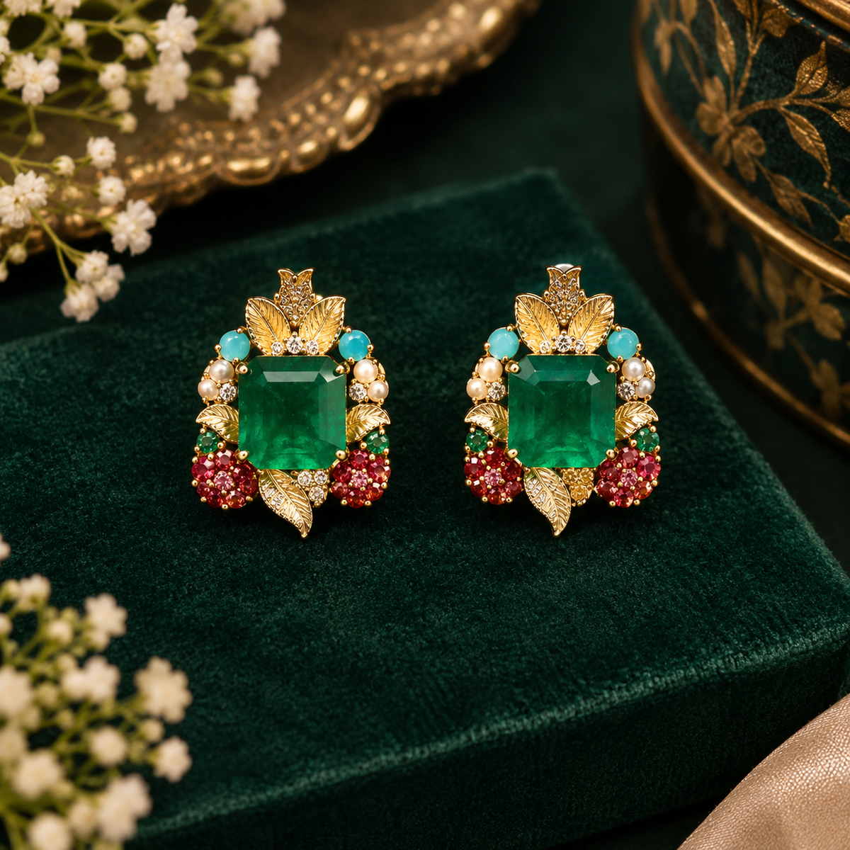 Pair of gold stud earrings with emerald-cut green centre stones, gold leaves, ruby-pink stone clusters, turquoise beads and pearls on a white background