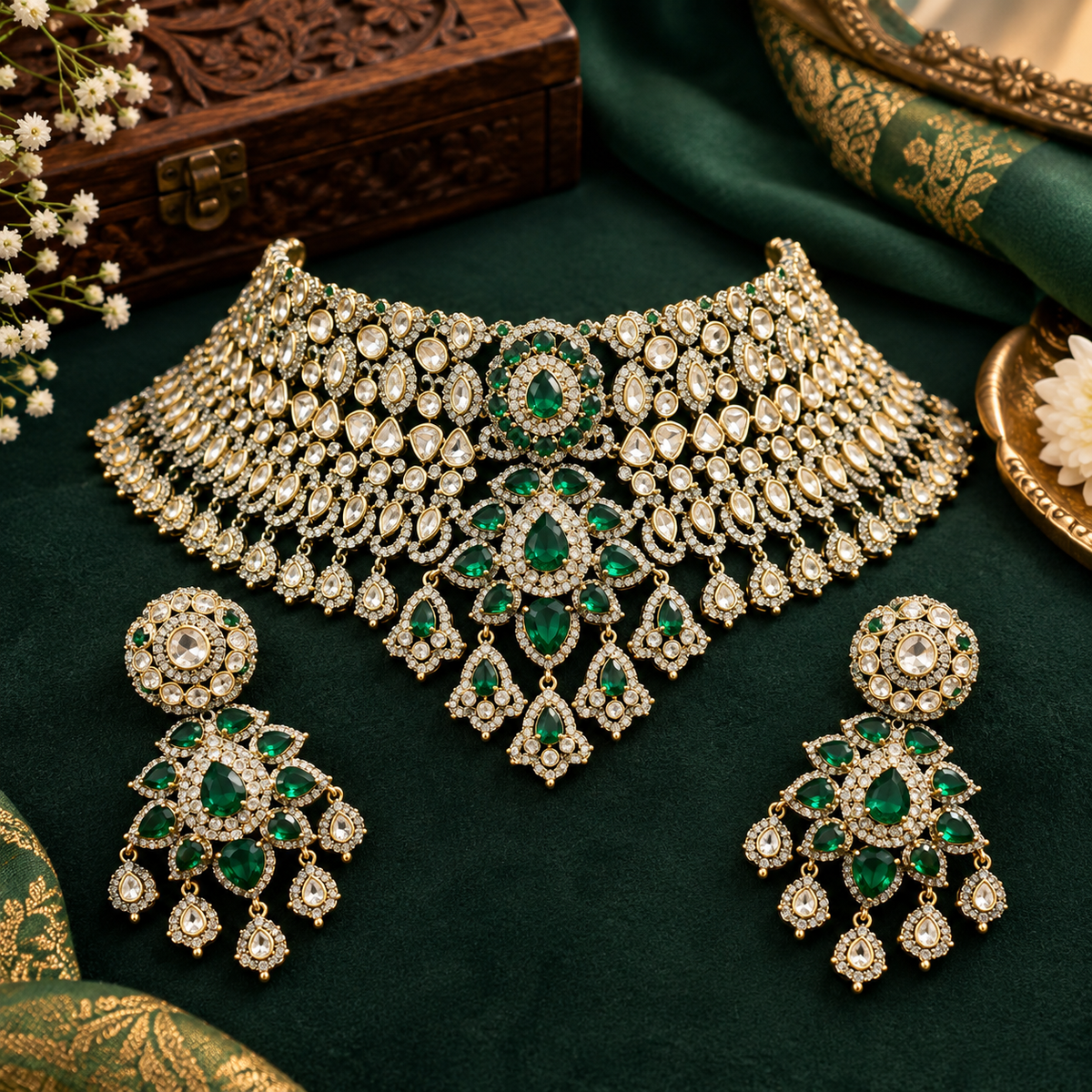 Gold-tone emerald green bridal choker necklace set with kundan-style stones, American diamond detailing, pear pendant cluster and chandelier earrings on dark green velvet