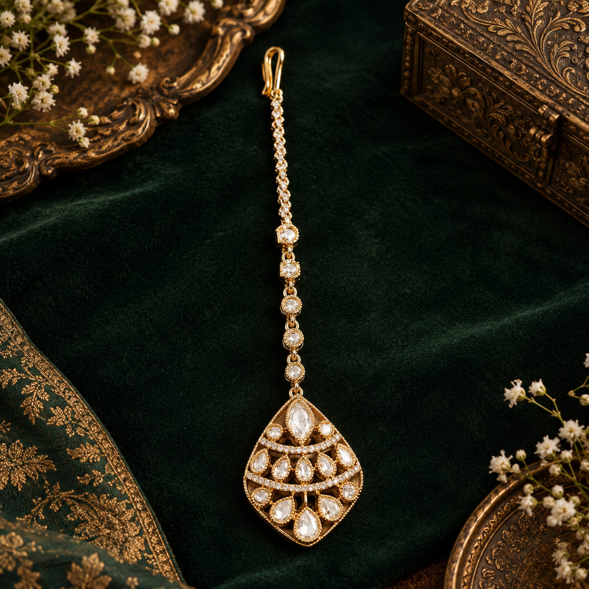 Shop an antique gold finish Victorian kundan maang tikka with polki-style stones at Auraa Trends. Perfect for brides, weddings and festive occasions.