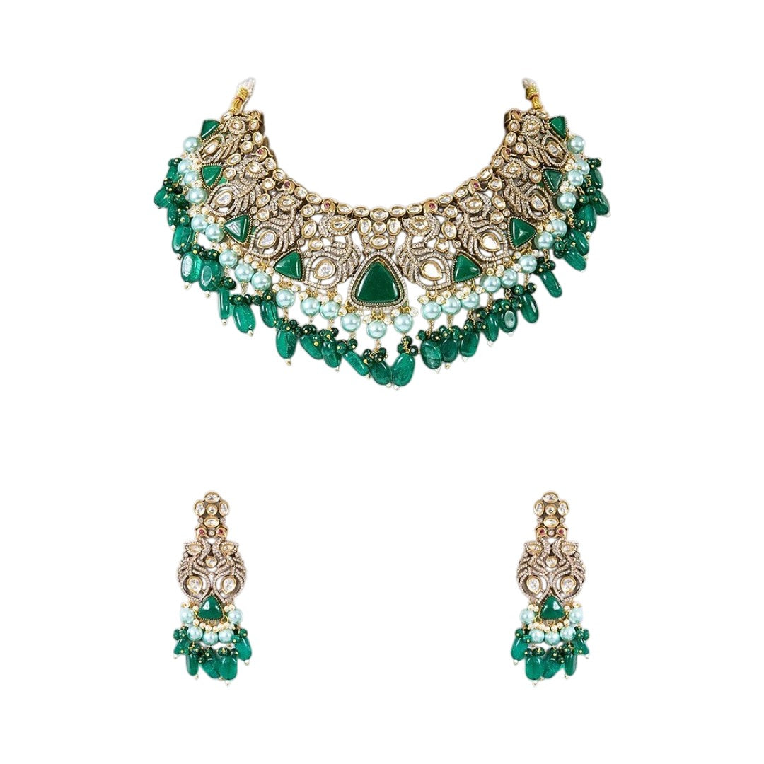 Bridal kundan choker necklace set with emerald green stone drops and matching earrings
