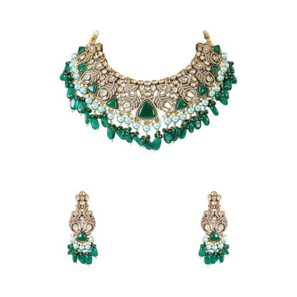 Bridal kundan choker necklace set with emerald green stone drops and matching earrings