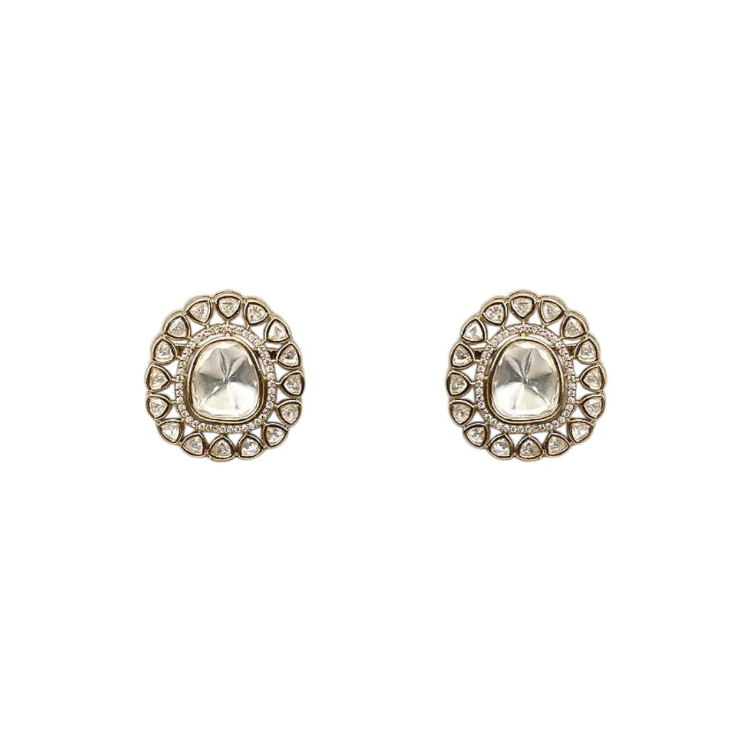 White Polki Halo Round Stud Earrings