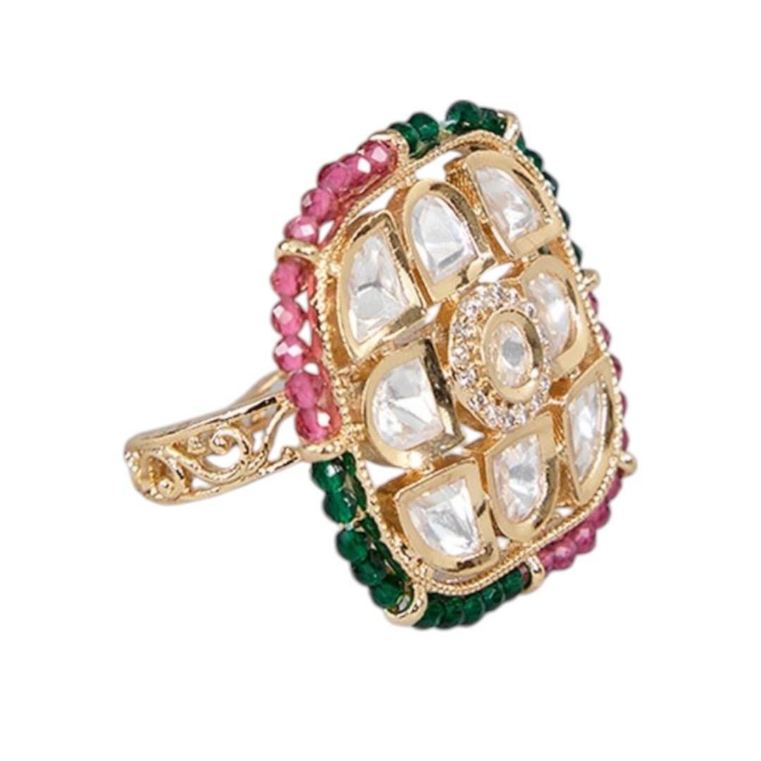 22KT Gold Plated Breathtaking Pearl, Ruby, and Emerald Floral Ring - Auraa Trends