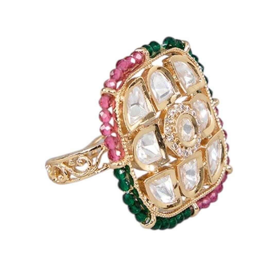 22KT Gold Plated Breathtaking Pearl, Ruby, and Emerald Floral Ring - Auraa Trends