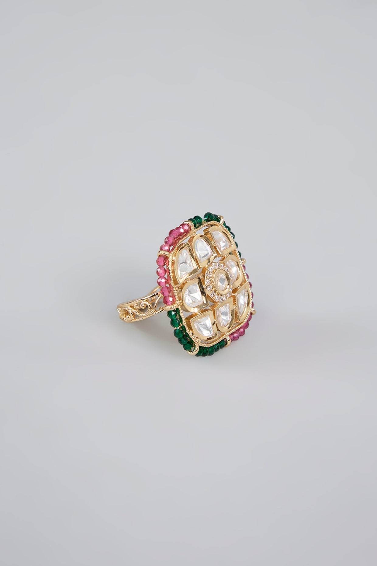 22KT Gold Plated Breathtaking Pearl, Ruby, and Emerald Floral Ring - Auraa Trends