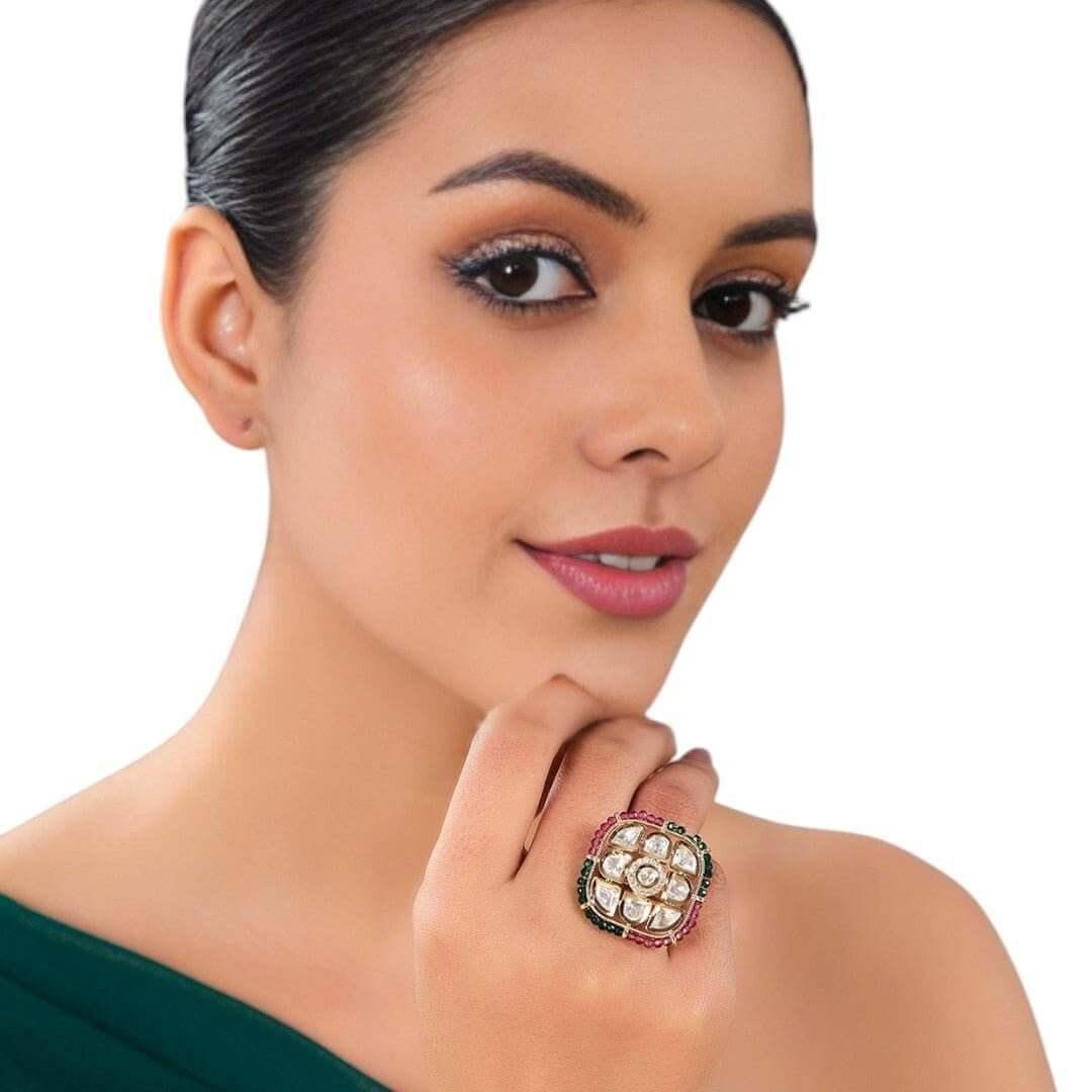 22KT Gold Plated Breathtaking Pearl, Ruby, and Emerald Floral Ring - Auraa Trends
