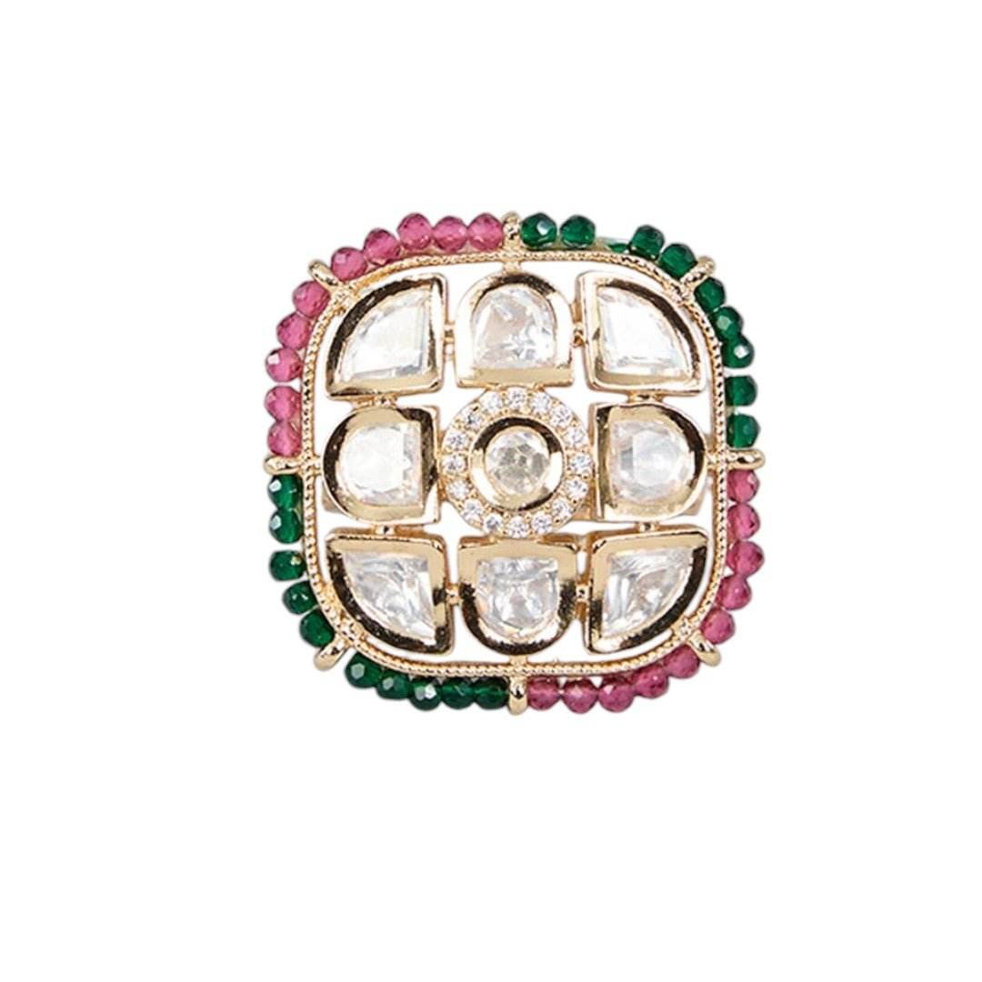22KT Gold Plated Breathtaking Pearl, Ruby, and Emerald Floral Ring - Auraa Trends