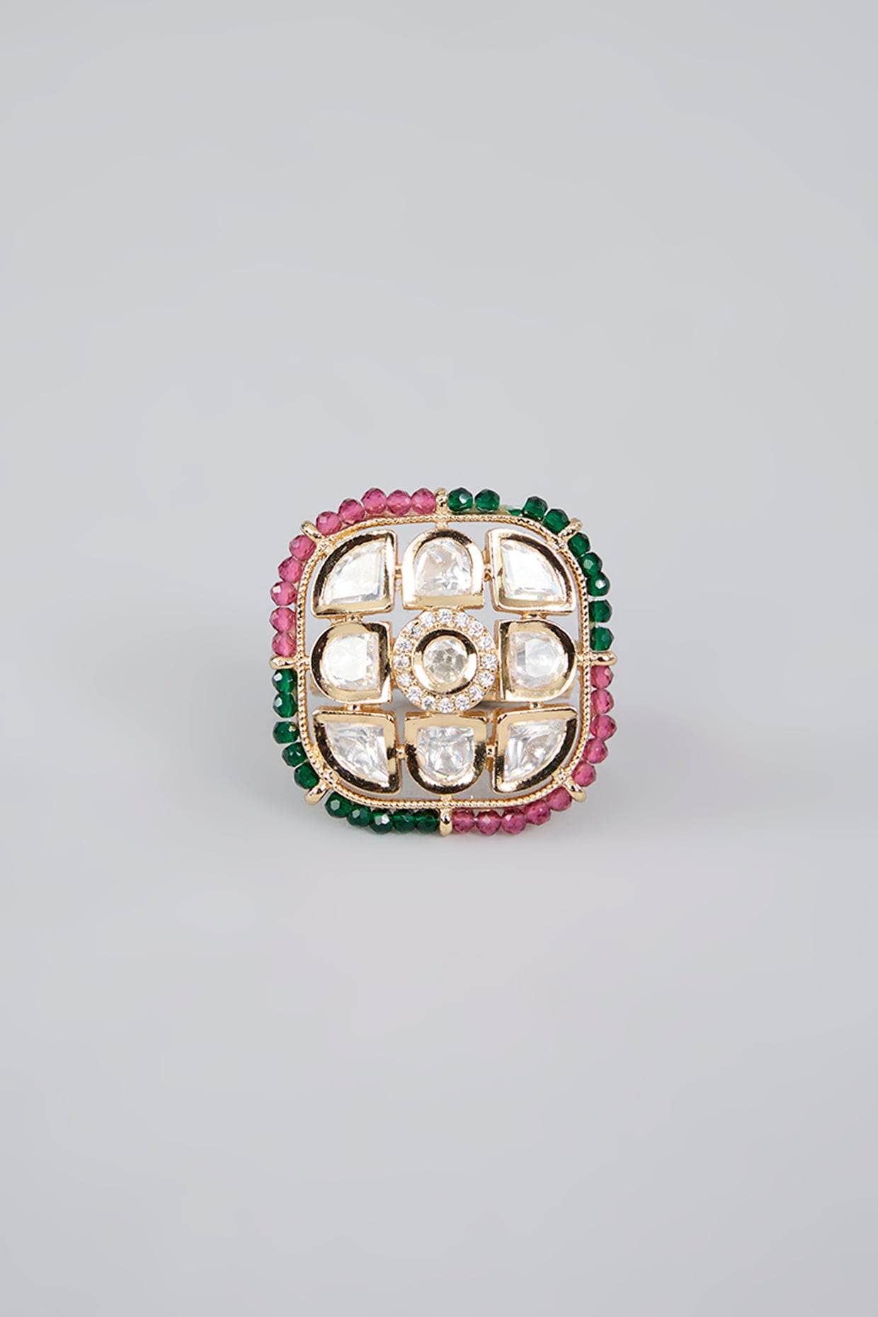 22KT Gold Plated Breathtaking Pearl, Ruby, and Emerald Floral Ring - Auraa Trends