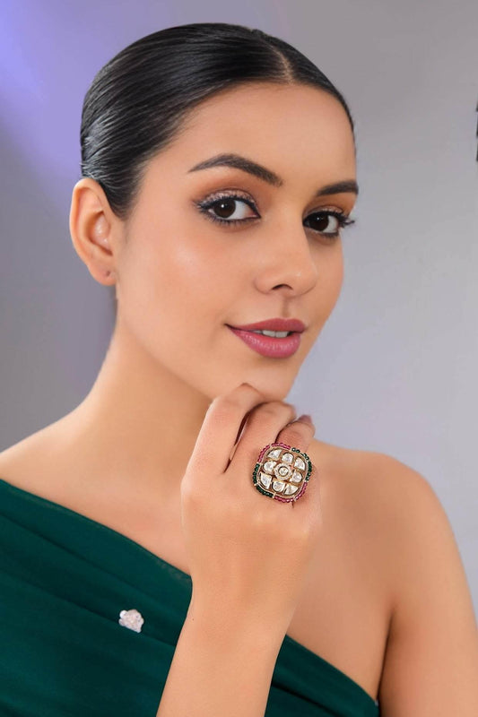 22KT Gold Plated Breathtaking Pearl, Ruby, and Emerald Floral Ring - Auraa Trends