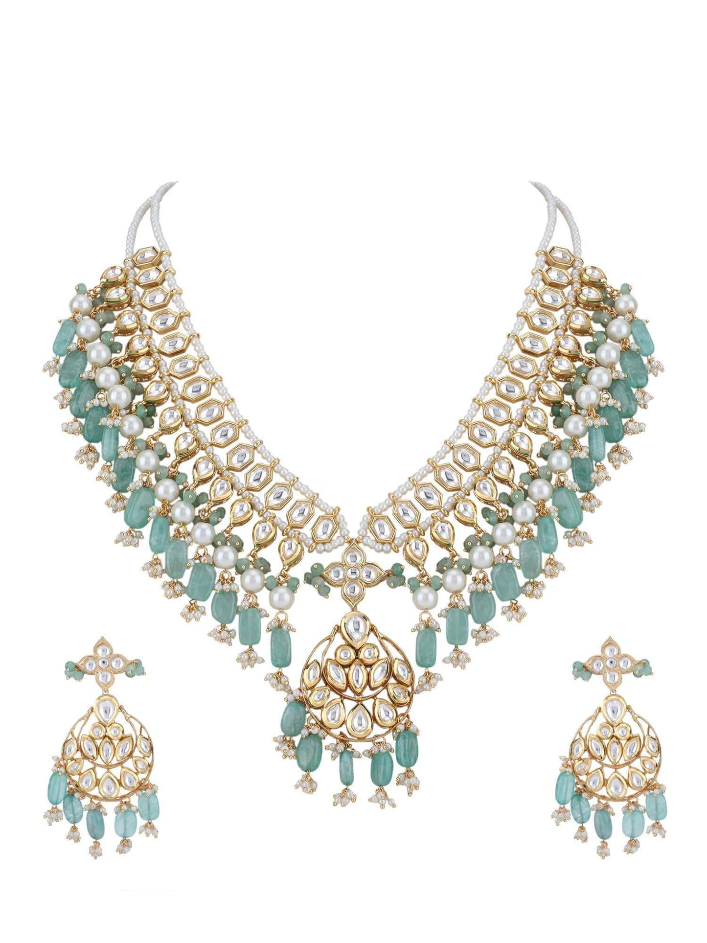 22KT Gold Plated Kundan Blue Beads Necklace Set - Auraa Trends