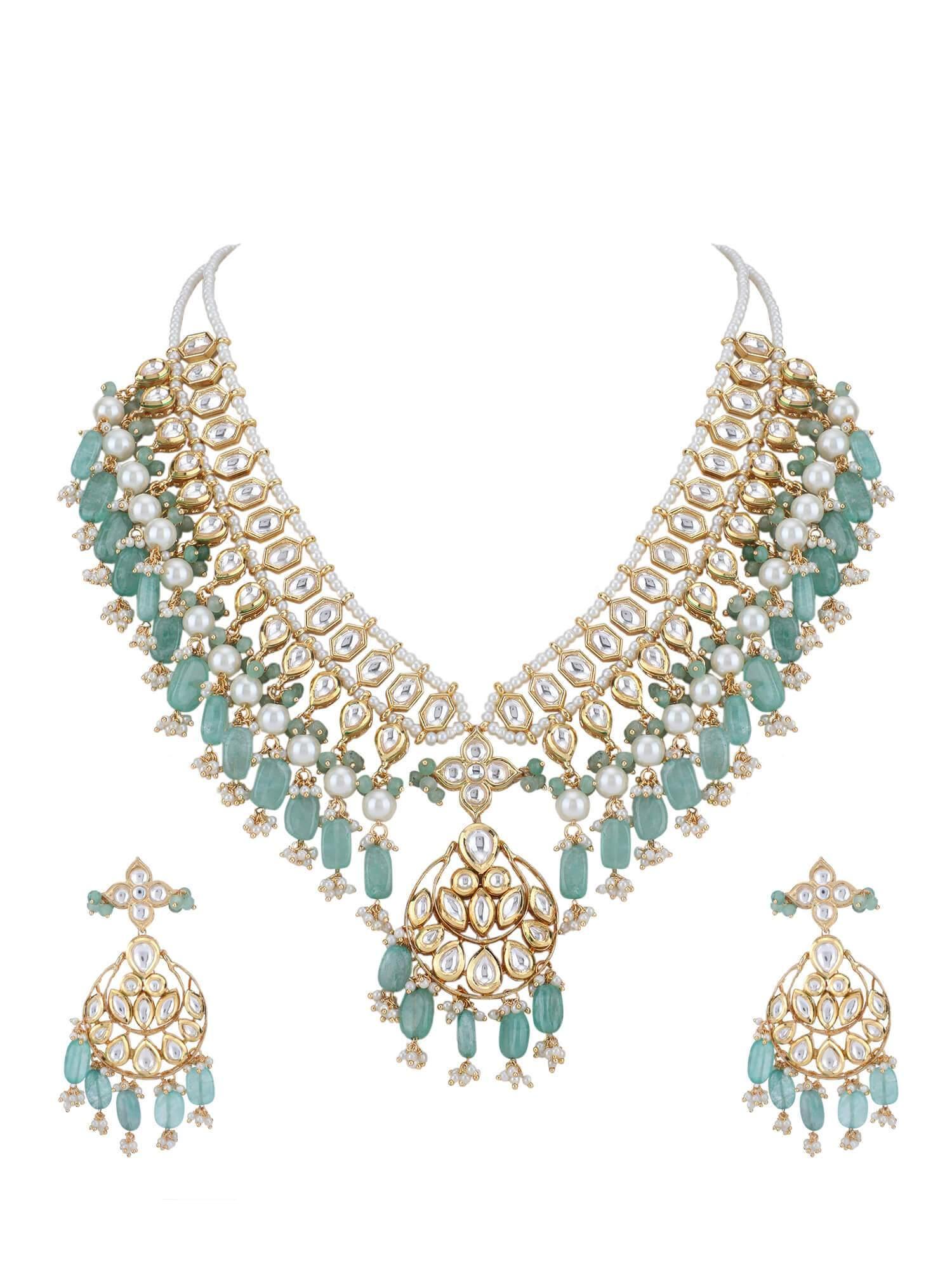 22KT Gold Plated Kundan Blue Beads Necklace Set - Auraa Trends