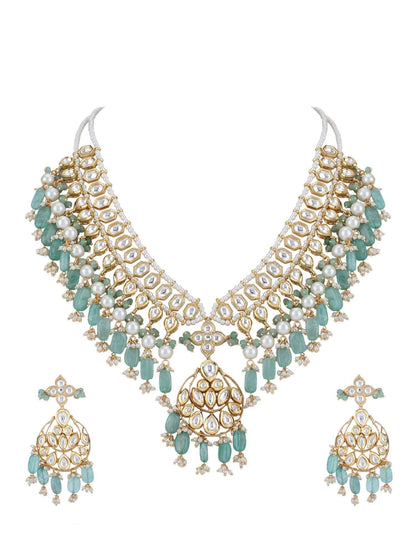 22KT Gold Plated Kundan Blue Beads Necklace Set - Auraa Trends