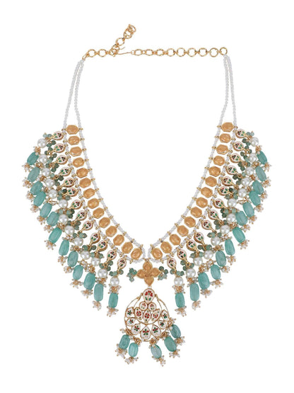 22KT Gold Plated Kundan Blue Beads Necklace Set - Auraa Trends