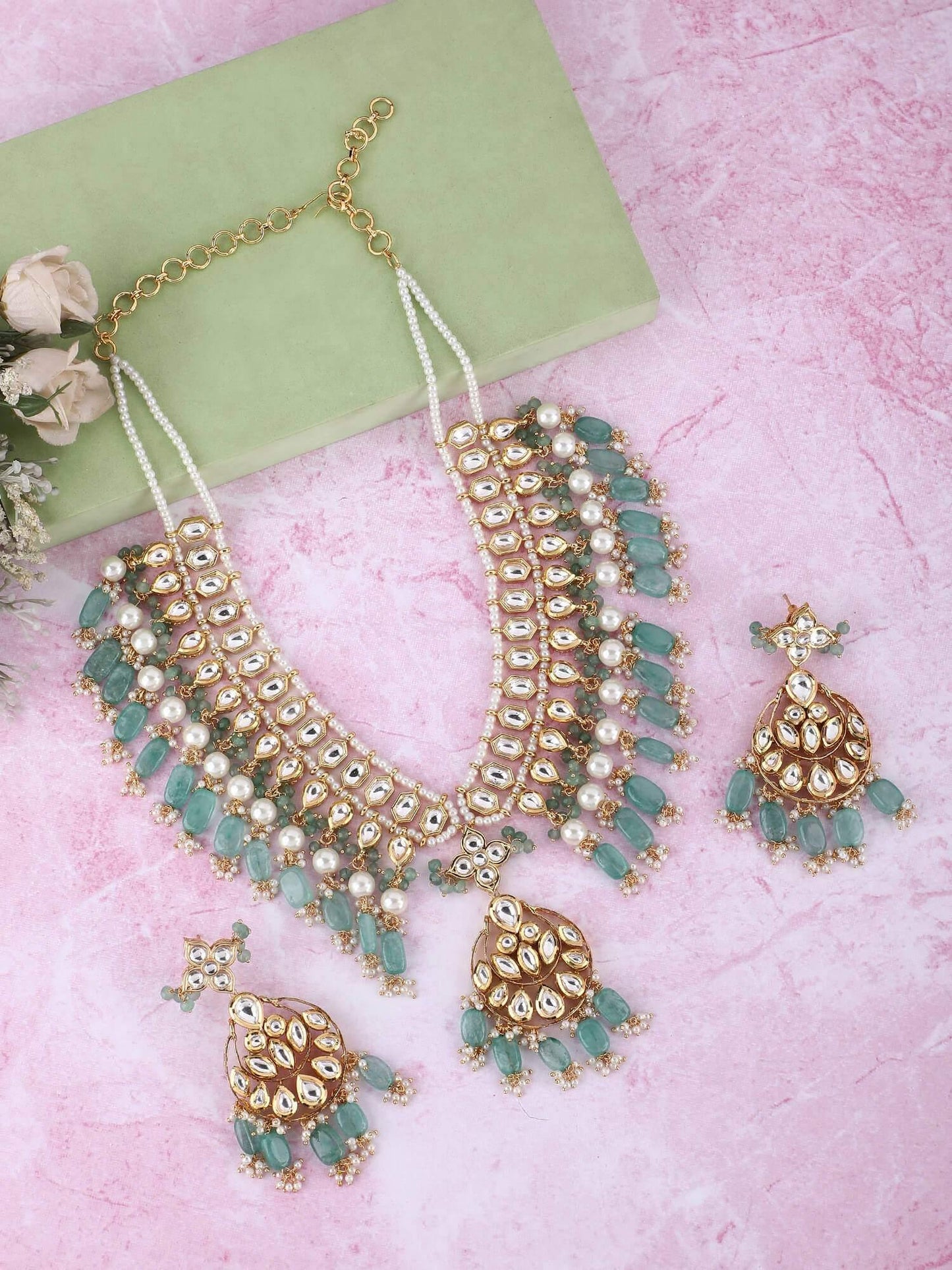 22KT Gold Plated Kundan Blue Beads Necklace Set - Auraa Trends