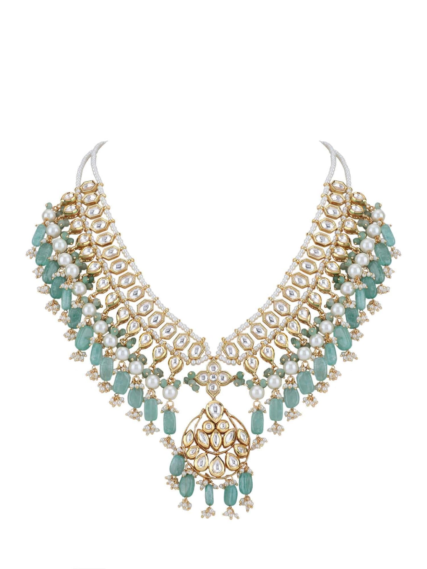22KT Gold Plated Kundan Blue Beads Necklace Set - Auraa Trends