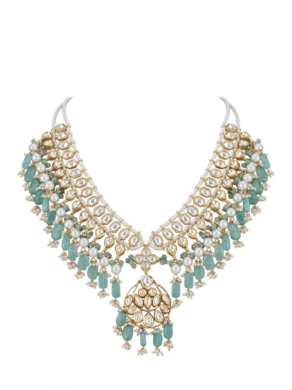 22KT Gold Plated Kundan Blue Beads Necklace Set - Auraa Trends