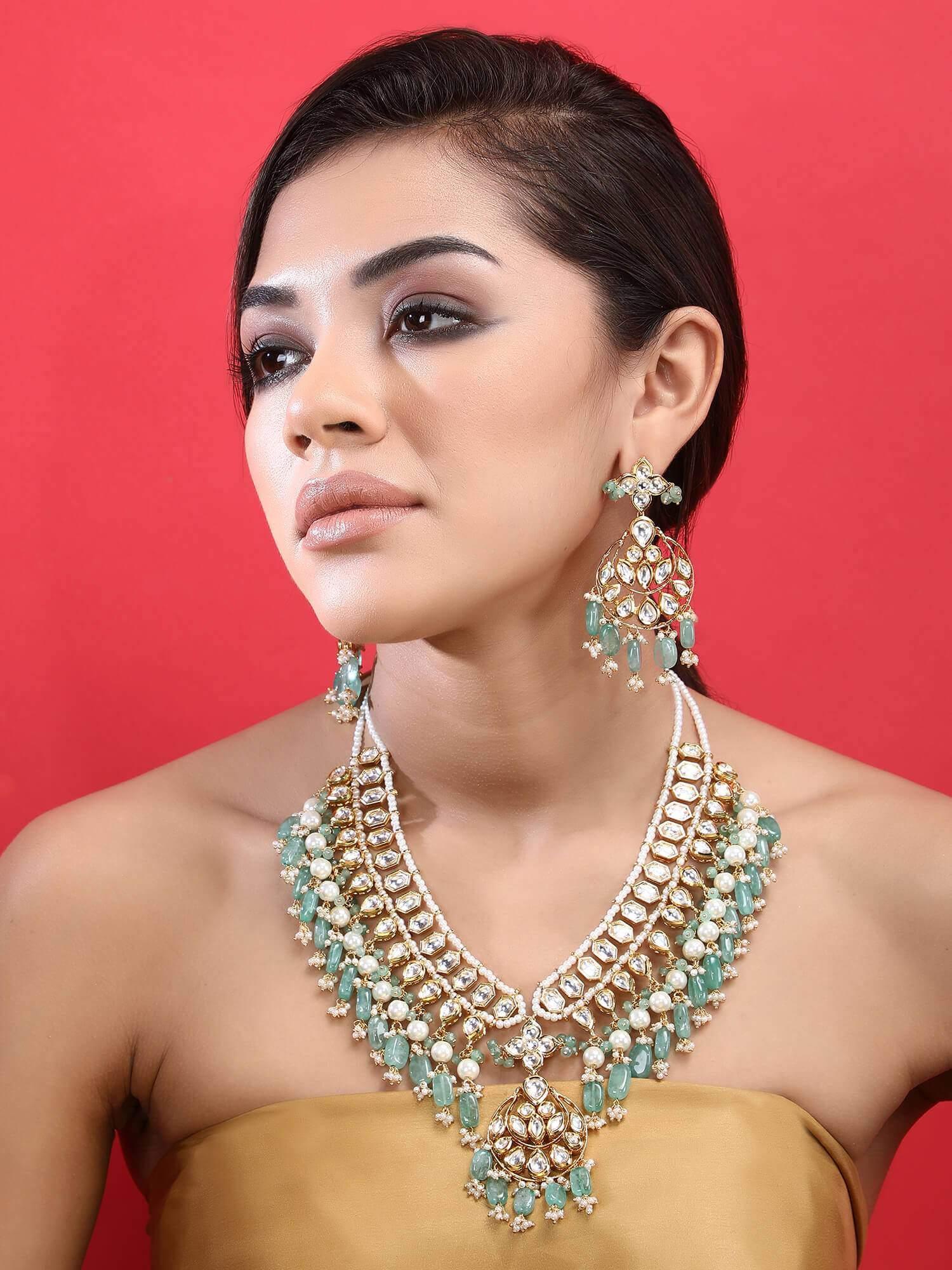 22KT Gold Plated Kundan Blue Beads Necklace Set - Auraa Trends