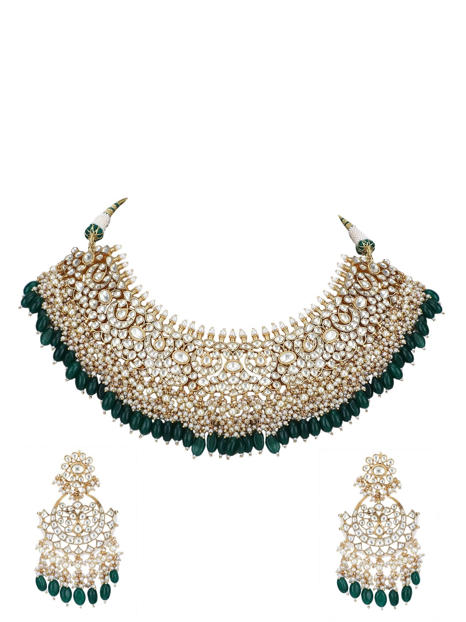 22KT Gold Plated Kundan Classic Green Necklace Set For women and Girls - Auraa Trends - Necklace Set 12/09/2023 Alloy