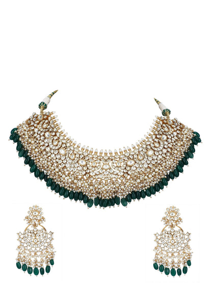 22KT Gold Plated Kundan Classic Green Necklace Set For women and Girls - Auraa Trends - Necklace Set 12/09/2023 Alloy