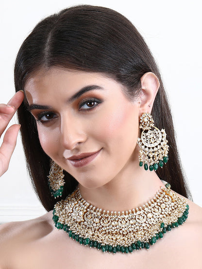 22KT Gold Plated Kundan Classic Green Necklace Set For women and Girls - Auraa Trends - Necklace Set 12/09/2023 Alloy