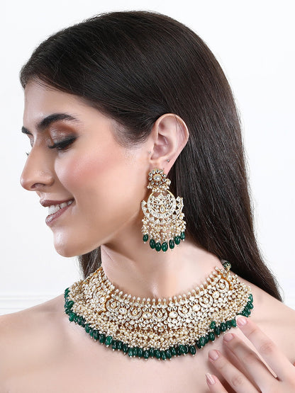 22KT Gold Plated Kundan Classic Green Necklace Set For women and Girls - Auraa Trends - Necklace Set 12/09/2023 Alloy