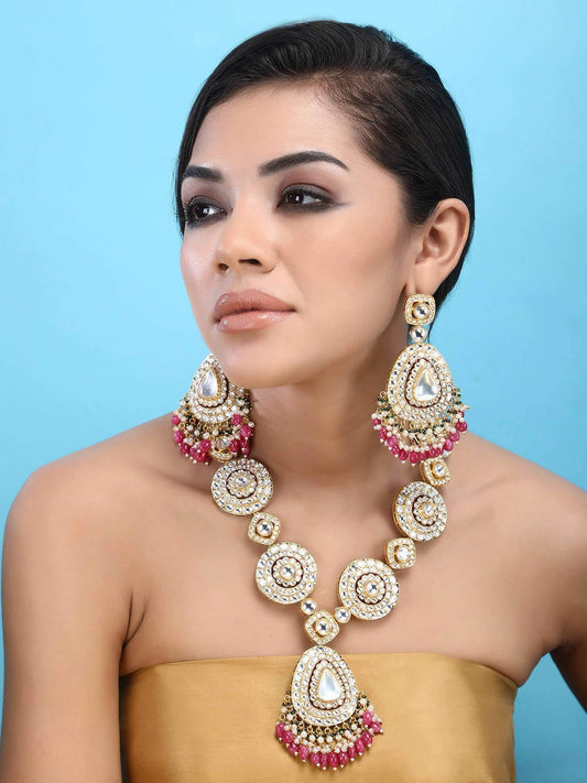 22KT Gold Plated Kundan Classic Red Beads Necklace Set - Auraa Trends