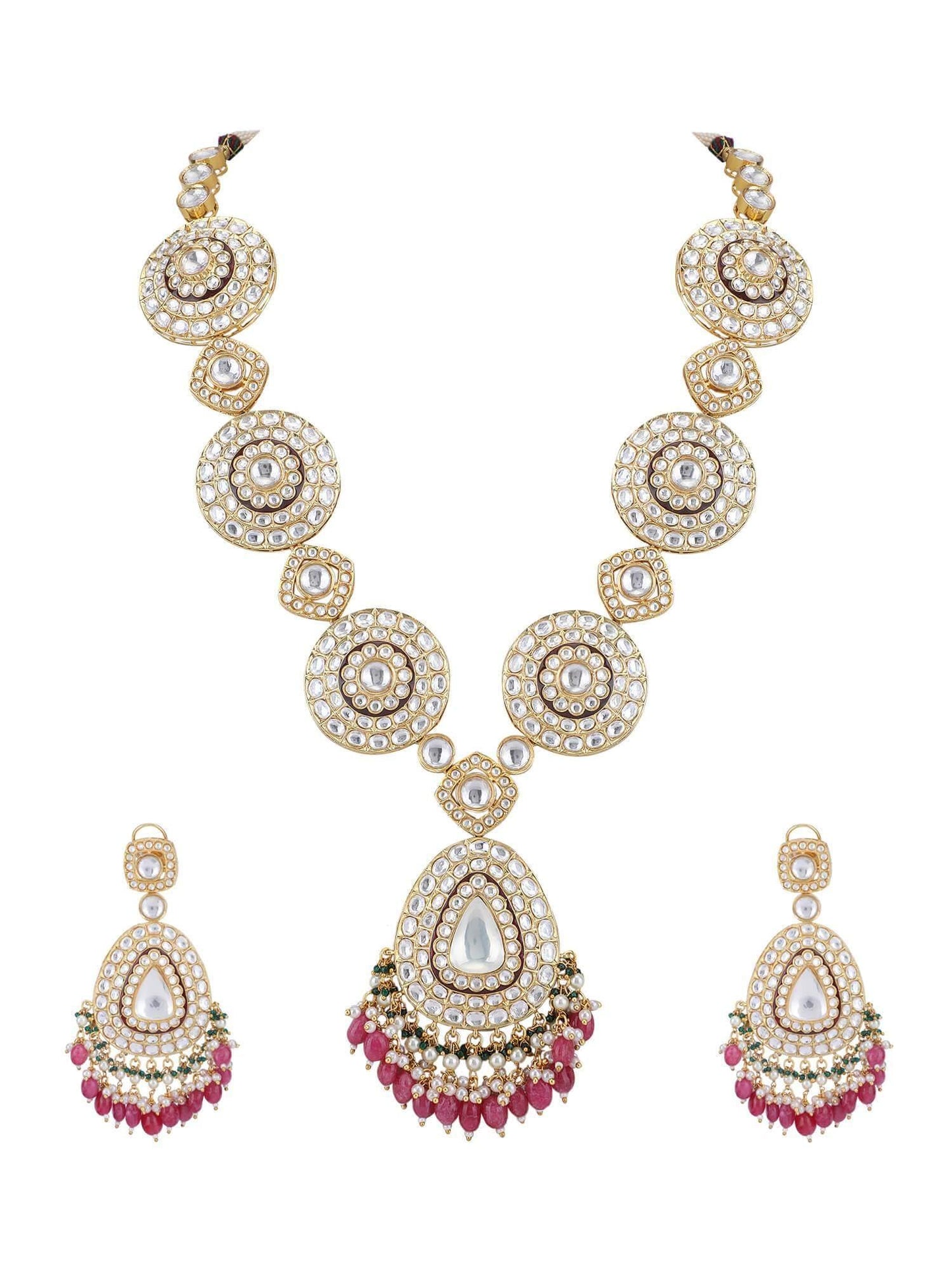 22KT Gold Plated Kundan Classic Red Beads Necklace Set - Auraa Trends