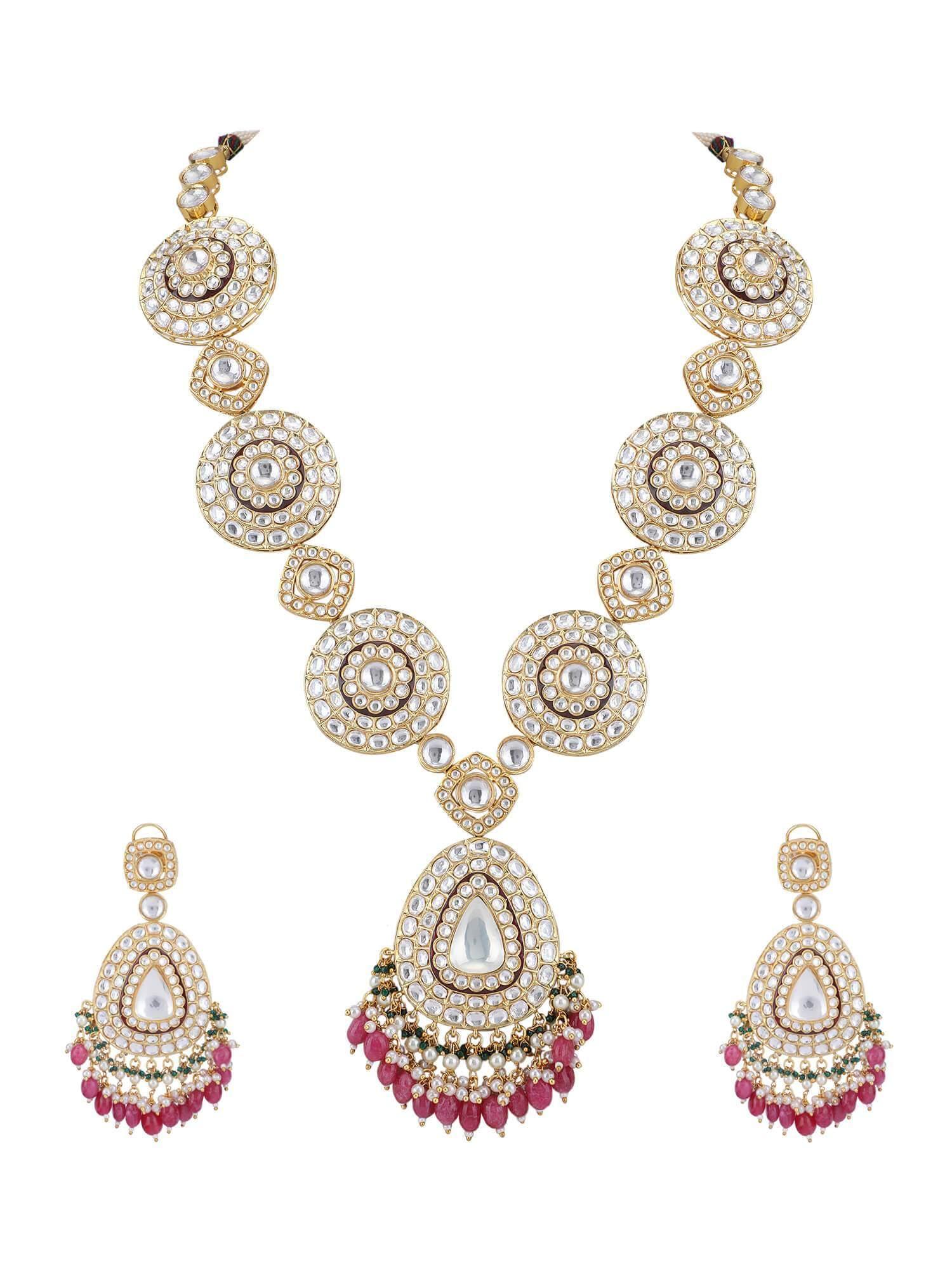 22KT Gold Plated Kundan Classic Red Beads Necklace Set - Auraa Trends