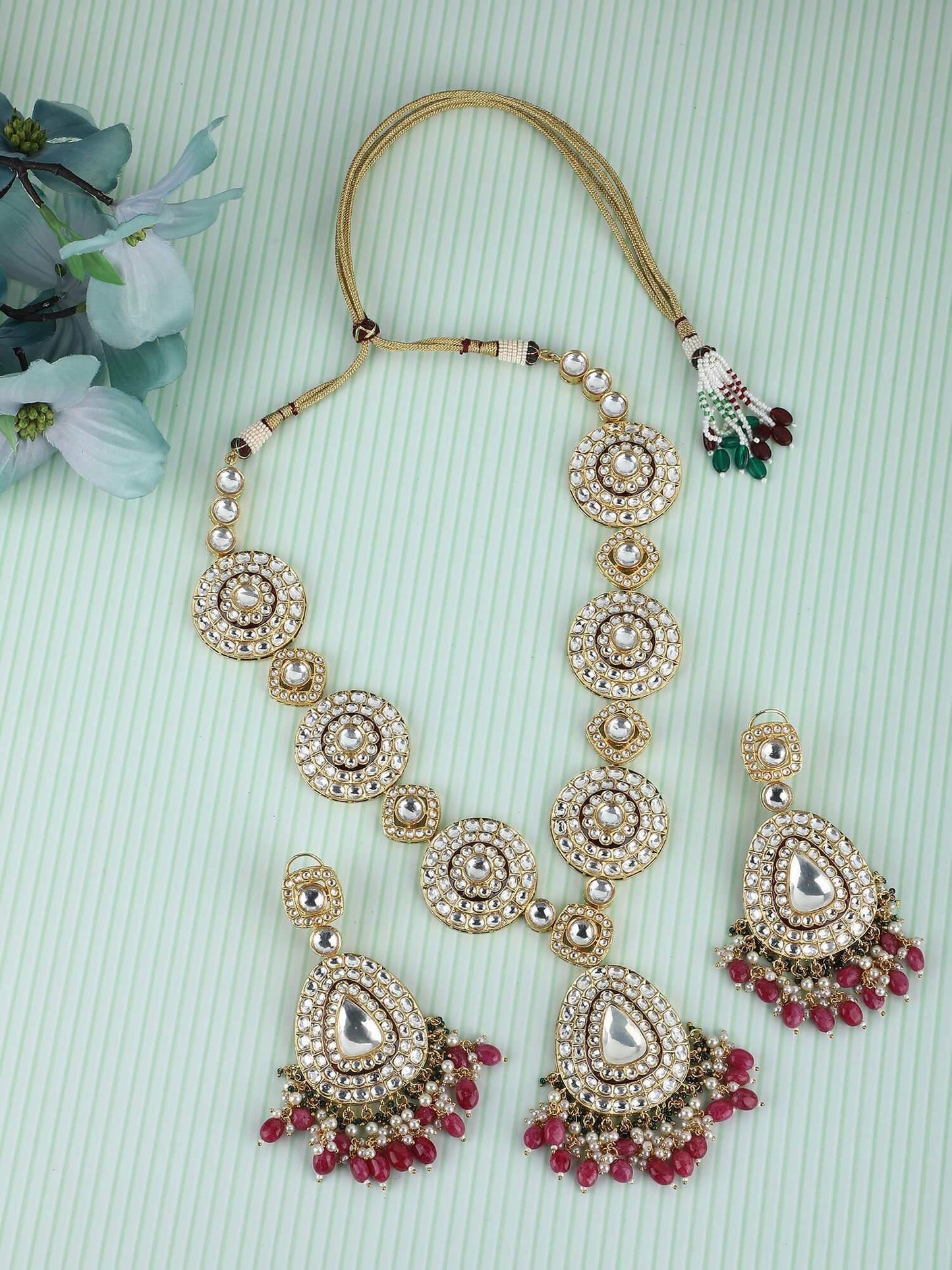 22KT Gold Plated Kundan Classic Red Beads Necklace Set - Auraa Trends