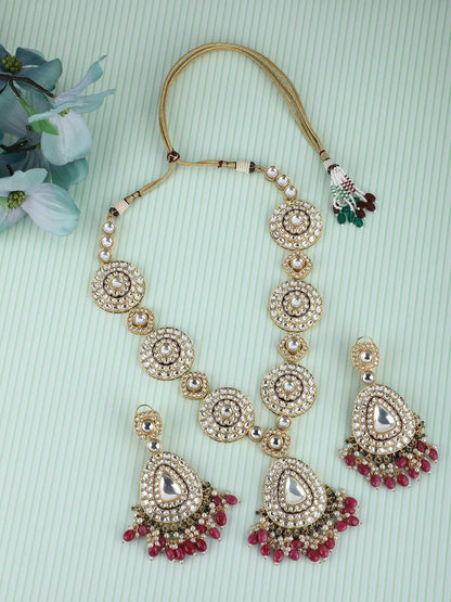 22KT Gold Plated Kundan Classic Red Beads Necklace Set - Auraa Trends