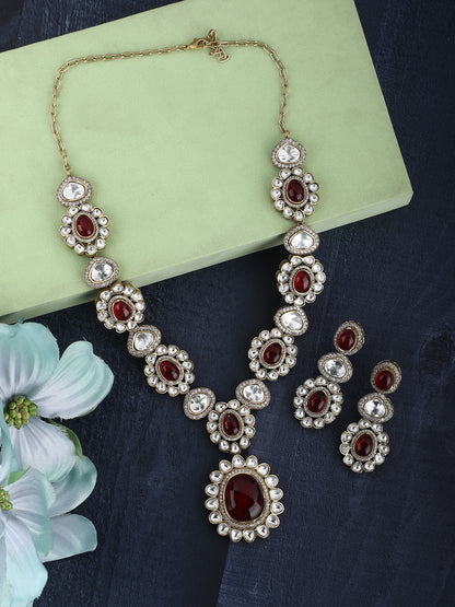 22KT Gold Plated Kundan Classic Red Necklace Set - Auraa Trends - Necklace Set - Red Necklace Set with earrings For Women