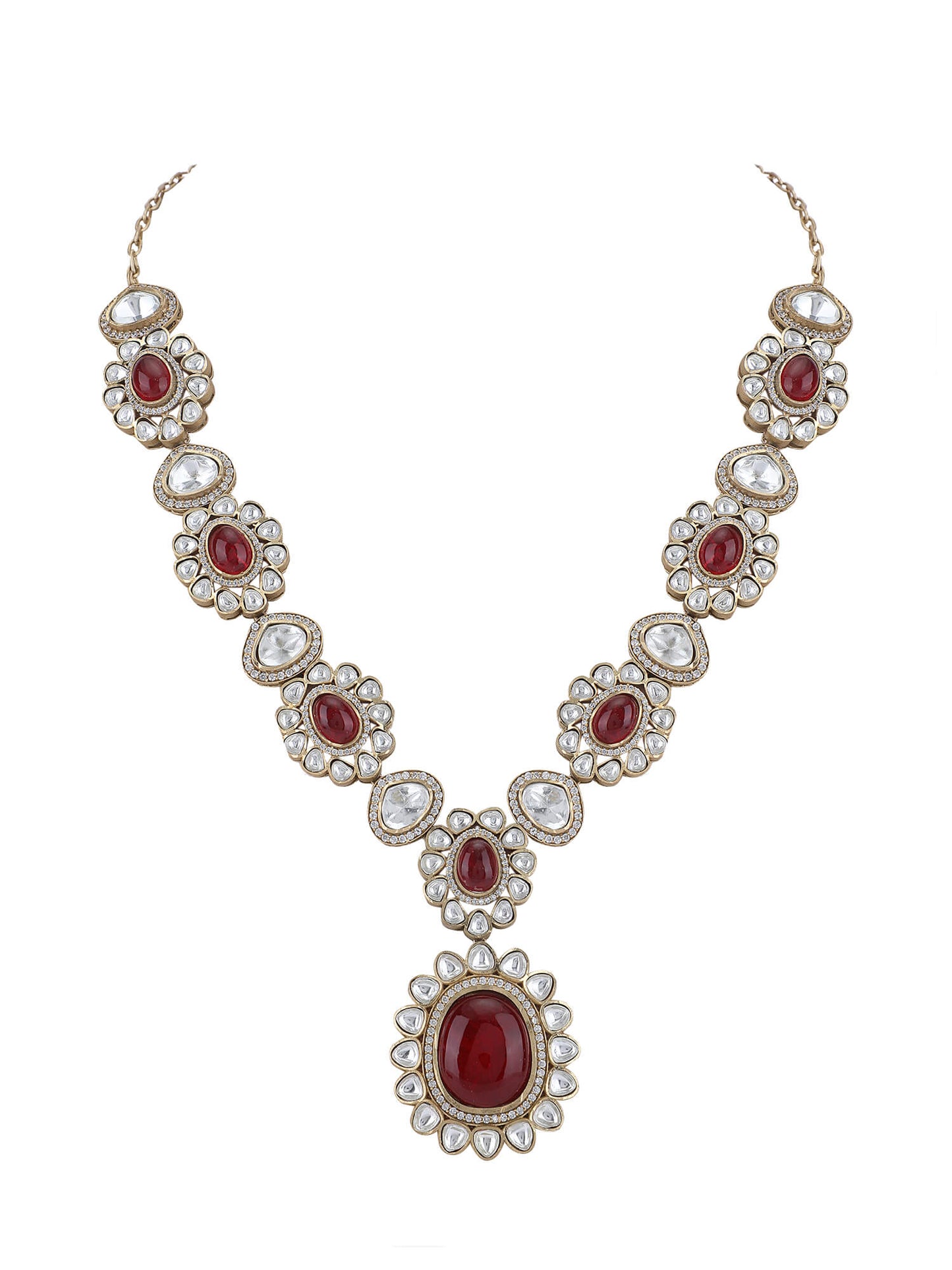 22KT Gold Plated Kundan Classic Red Necklace Set - Auraa Trends - Necklace Set - Trends - Buy Red Necklace Set with earrings