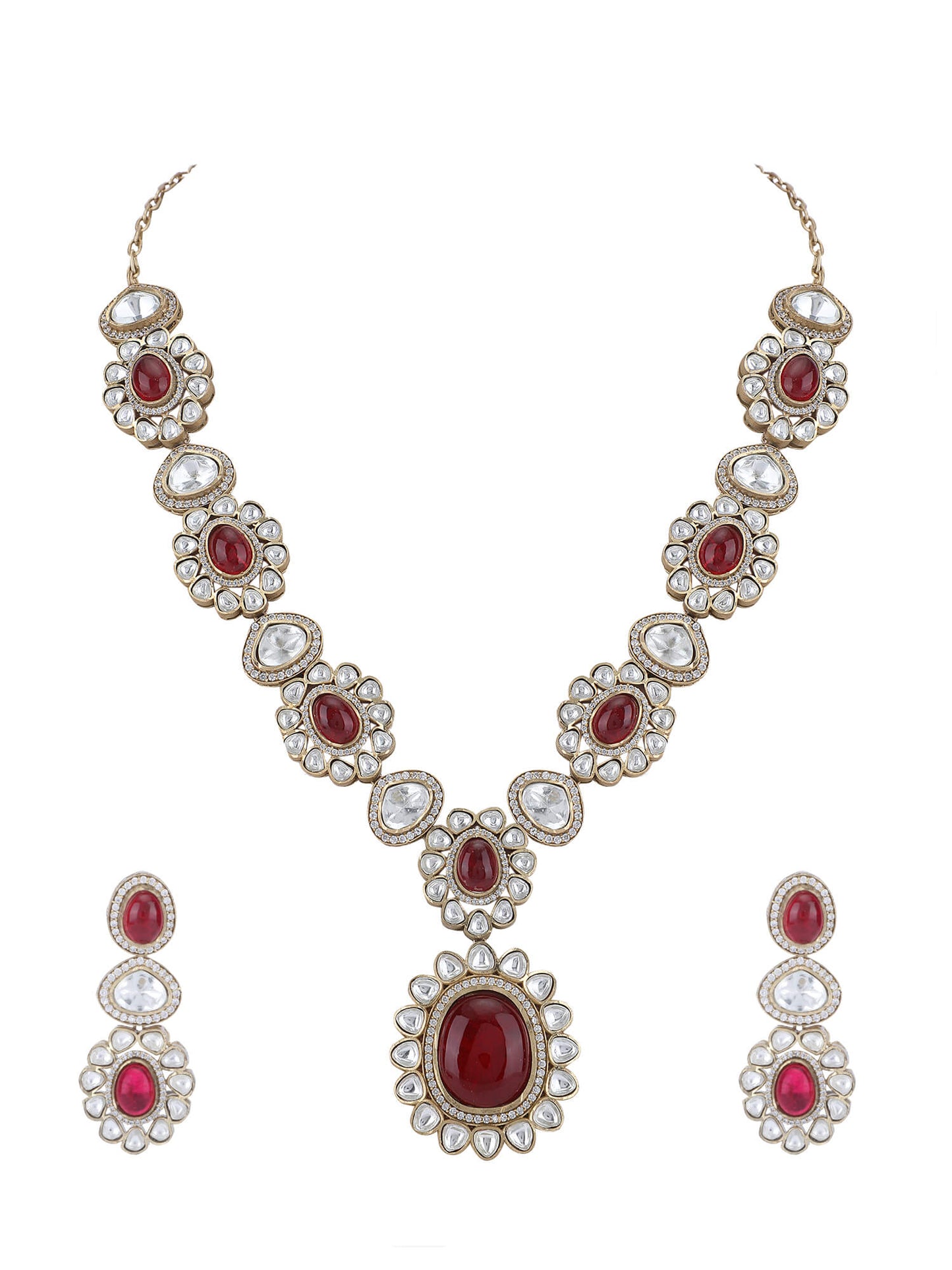 22KT Gold Plated Kundan Classic Red Necklace Set - Auraa Trends - Necklace Set - Trends - Buy Red Necklace Set with earrings