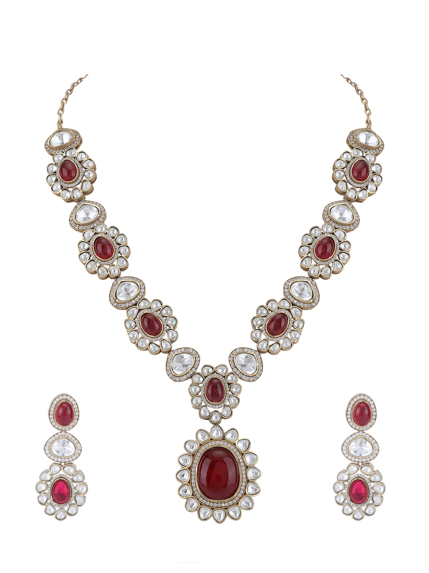 22KT Gold Plated Kundan Classic Red Necklace Set - Auraa Trends - Necklace Set - Trends - Buy Red Necklace Set with earrings