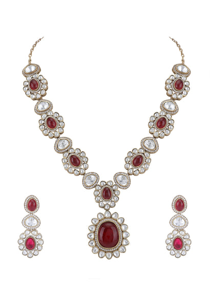 22KT Gold Plated Kundan Classic Red Necklace Set - Auraa Trends - Necklace Set - Trends - Buy Red Necklace Set with earrings