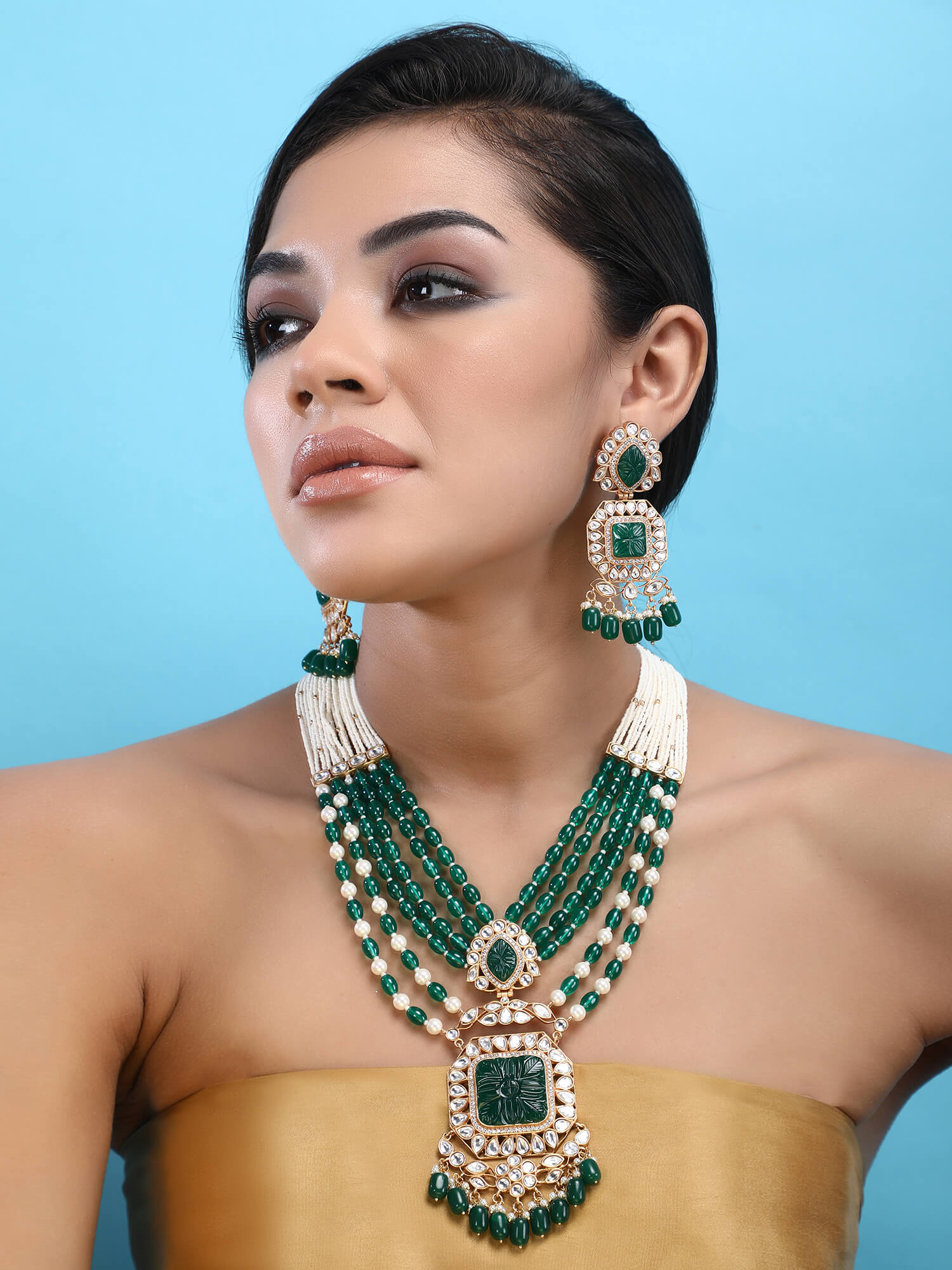 22KT Gold Plated Kundan Elegant Green Necklace Set - Auraa Trends - Necklace Set -Auraa Trends Aura Trends