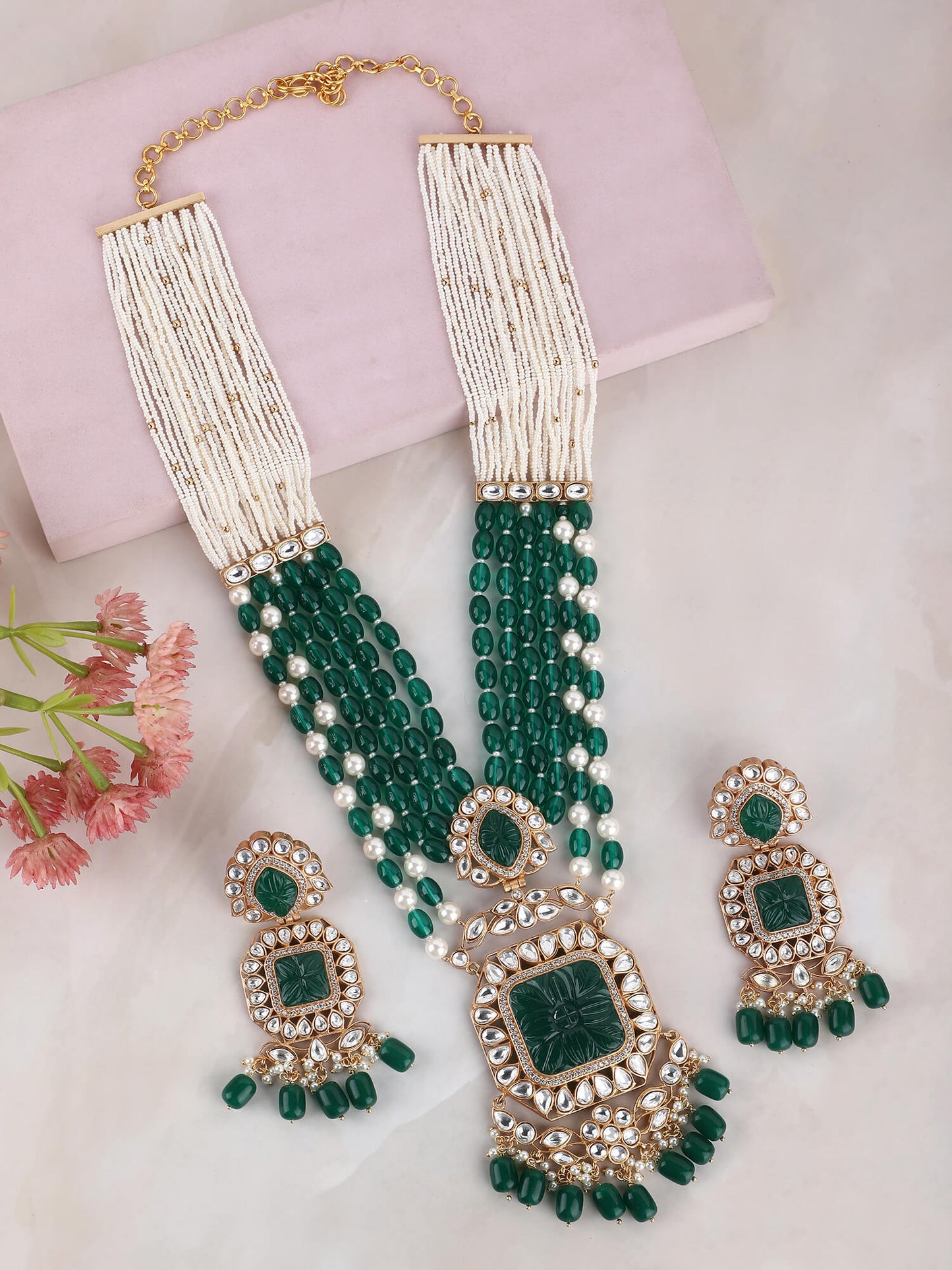 22KT Gold Plated Kundan Elegant Green Necklace Set - Auraa Trends - Necklace Set -Auraa Trends Aura Trends