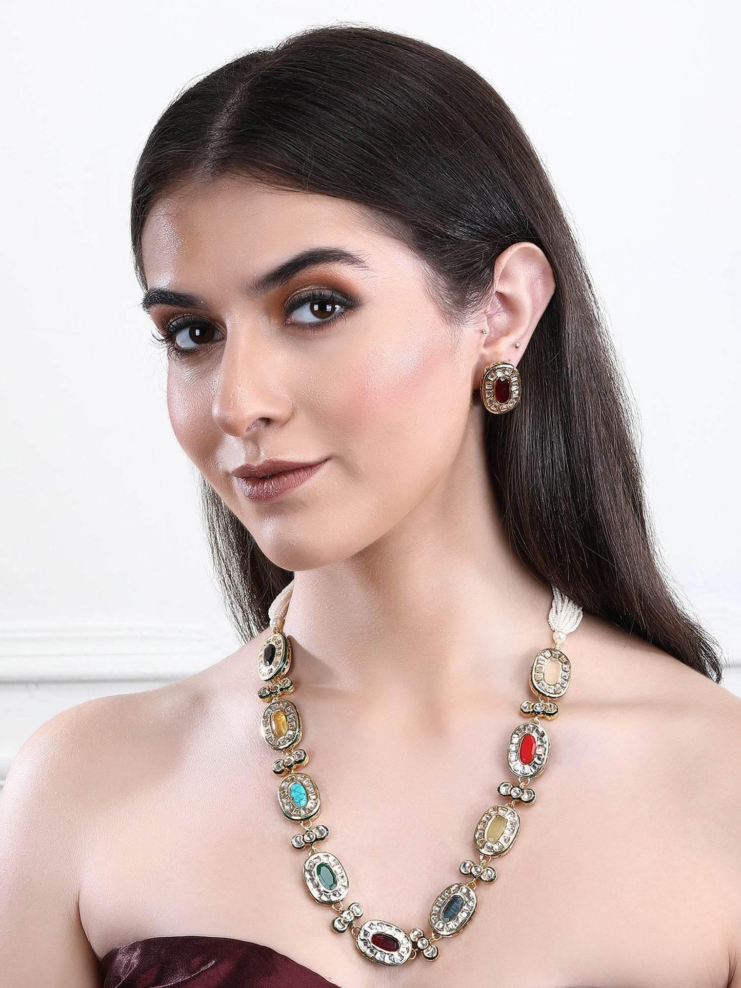 22KT Gold Plated Kundan Navratna Necklace Set For women and Girls - Auraa Trends