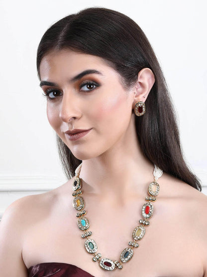 22KT Gold Plated Kundan Navratna Necklace Set For women and Girls - Auraa Trends