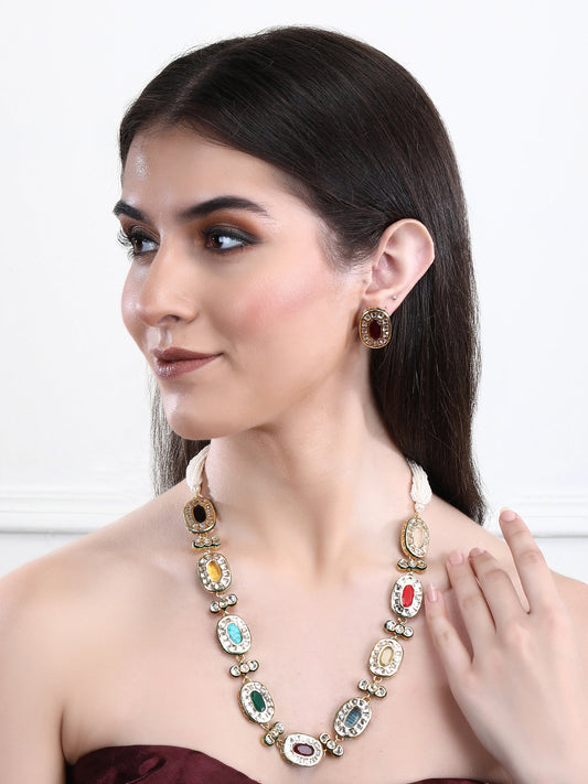 22KT Gold Plated Kundan Navratna Necklace Set For women and Girls - Auraa Trends - Necklace Set 12/09/2023 Alloy Aura Trends
