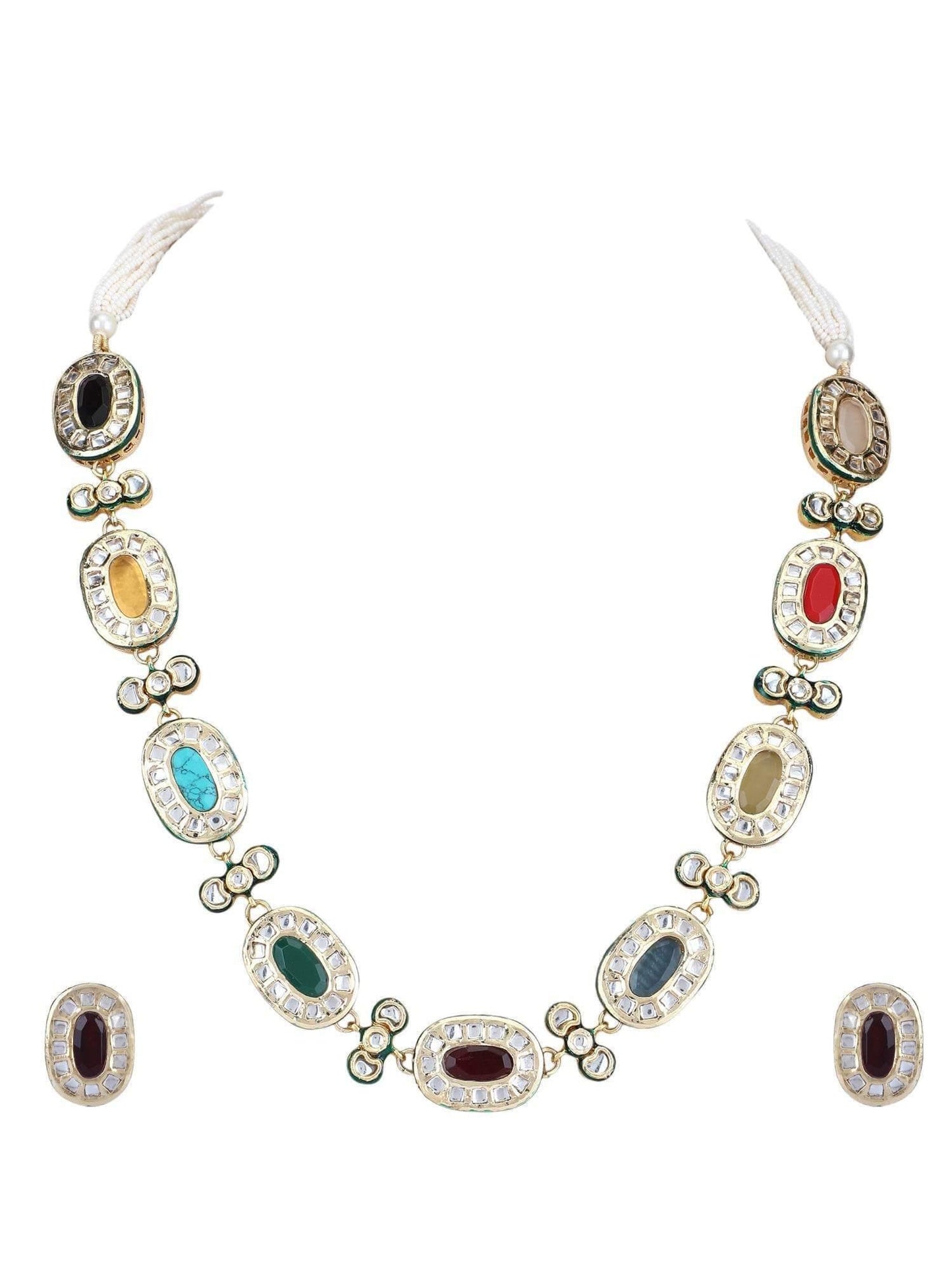 22KT Gold Plated Kundan Navratna Necklace Set For women and Girls - Auraa Trends