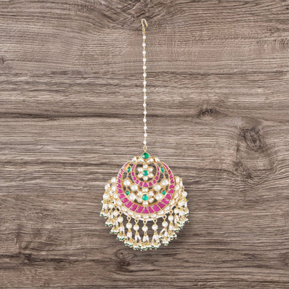 22KT Gold Plated Kundan Polki & Pearl Maangtikka - Auraa Trends - Maangtika - # - Auraa Trends - 22KT Gold Plated Kundan Polki & Pearl Maangtikka