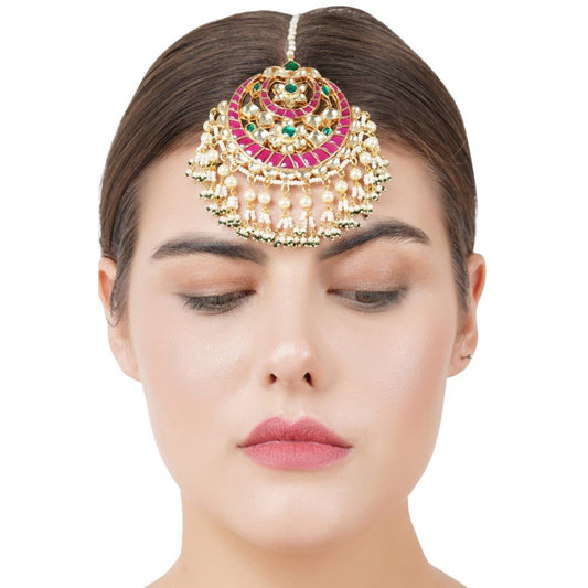 22KT Gold Plated Kundan Polki & Pearl Maangtikka - Auraa Trends - Maangtika - # - Auraa Trends - 22KT Gold Plated Kundan Polki & Pearl Maangtikka
