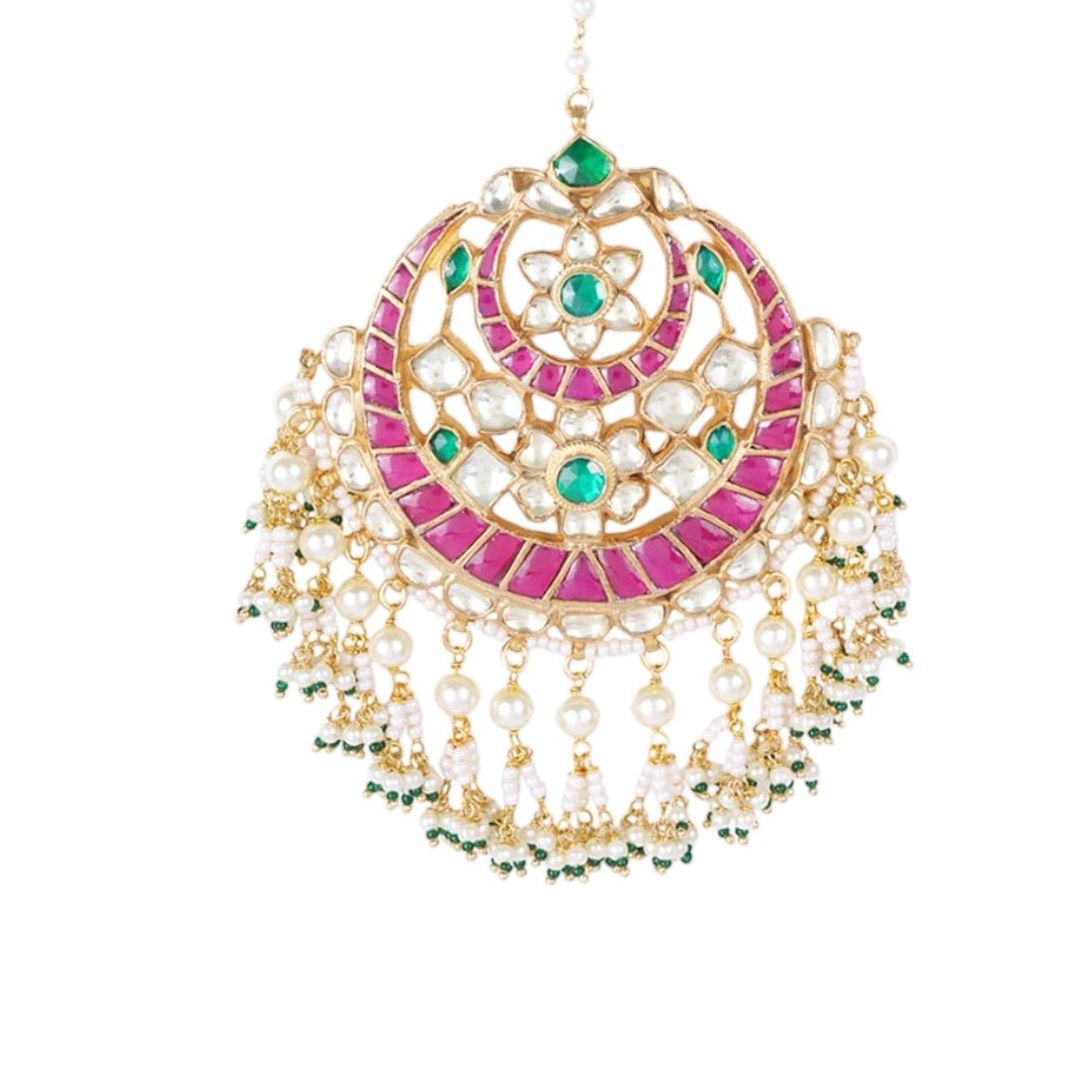 22KT Gold Plated Kundan Polki & Pearl Maangtikka - Auraa Trends - Maangtika - # - Auraa Trends - 22KT Gold Plated Kundan Polki & Pearl Maangtikka