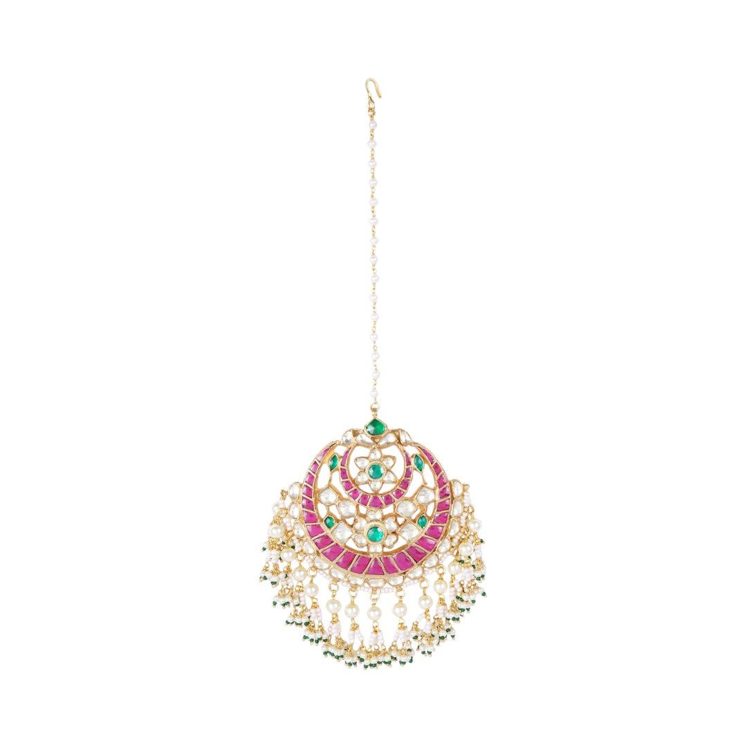 22KT Gold Plated Kundan Polki & Pearl Maangtikka - Auraa Trends - Maangtika - # - Auraa Trends - 22KT Gold Plated Kundan Polki & Pearl Maangtikka