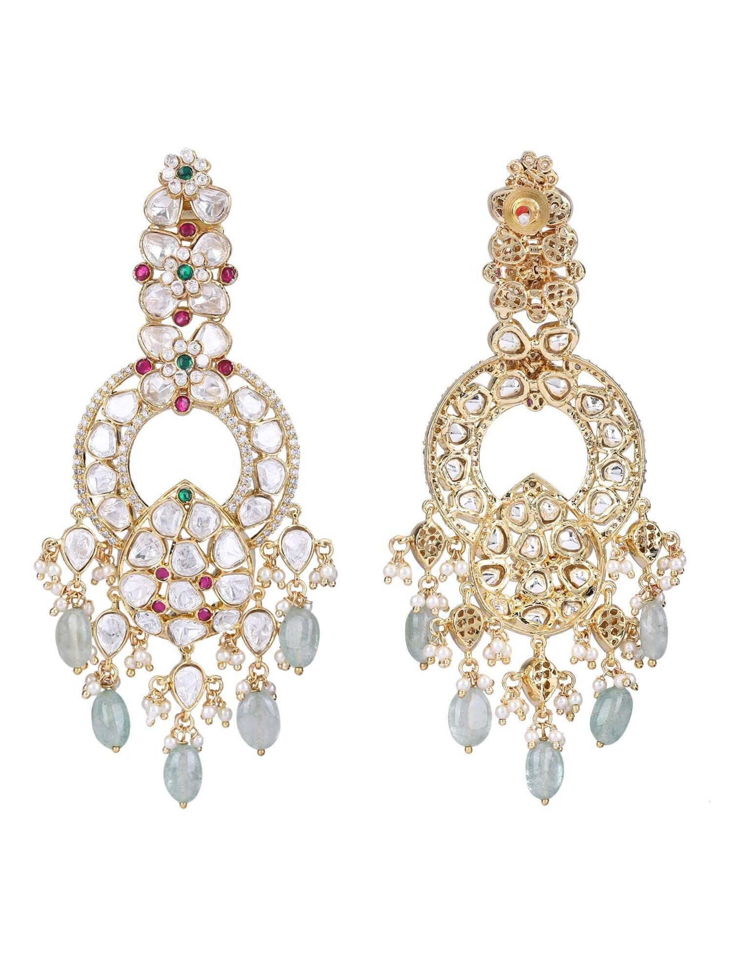 22KT gold Plated Kundan Red and Green Chandelier Earring Set - Auraa Trends