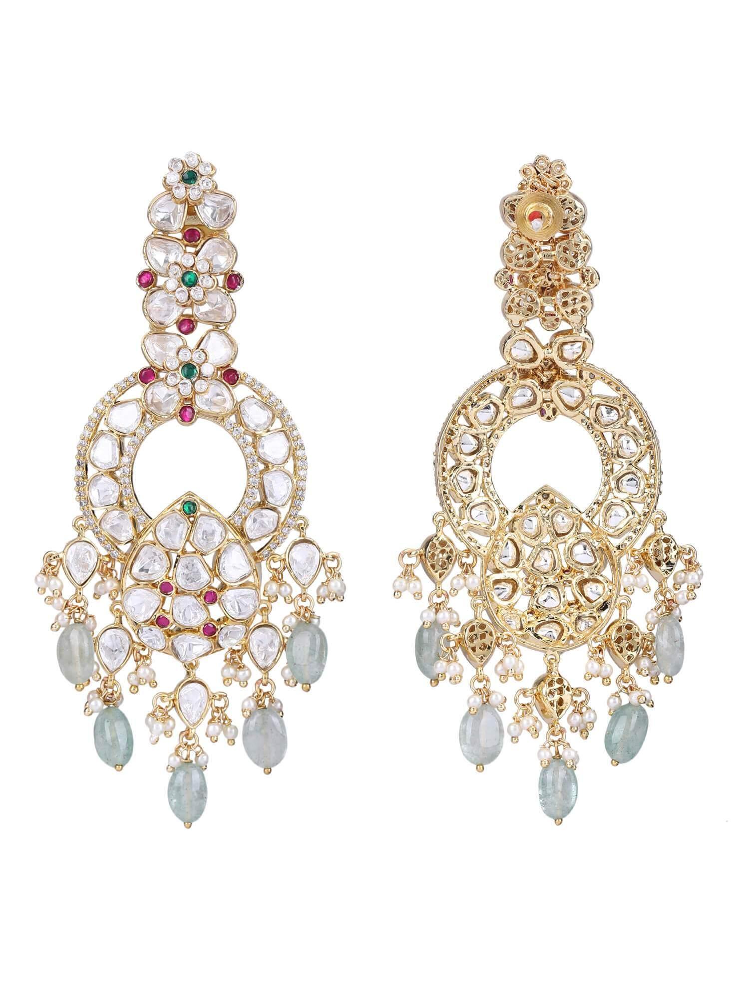 22KT gold Plated Kundan Red and Green Chandelier Earring Set - Auraa Trends