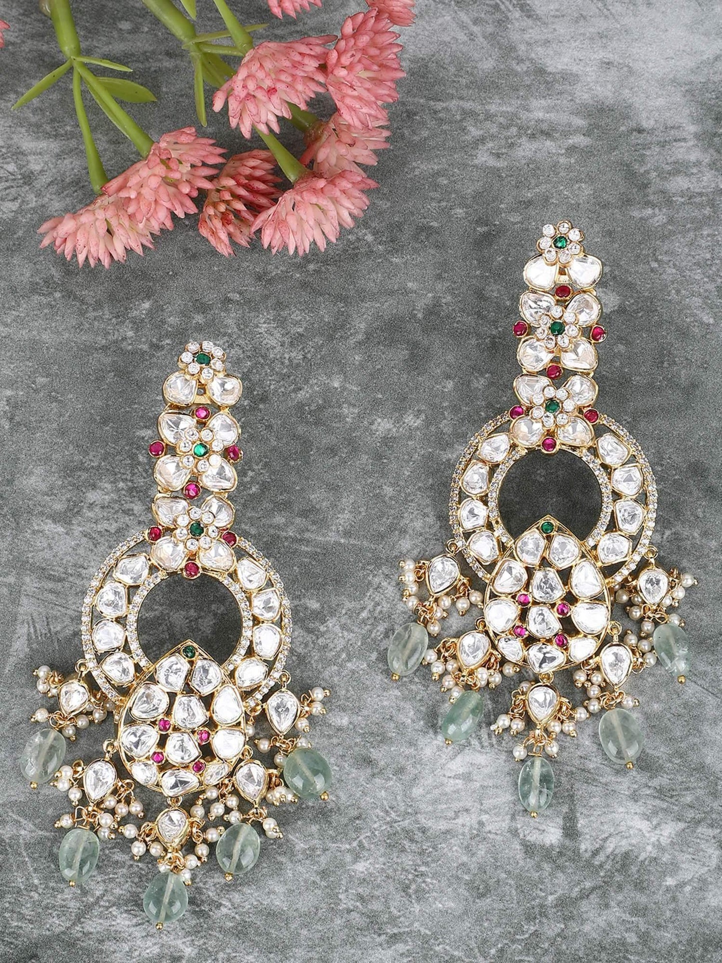 22KT gold Plated Kundan Red and Green Chandelier Earring Set - Auraa Trends